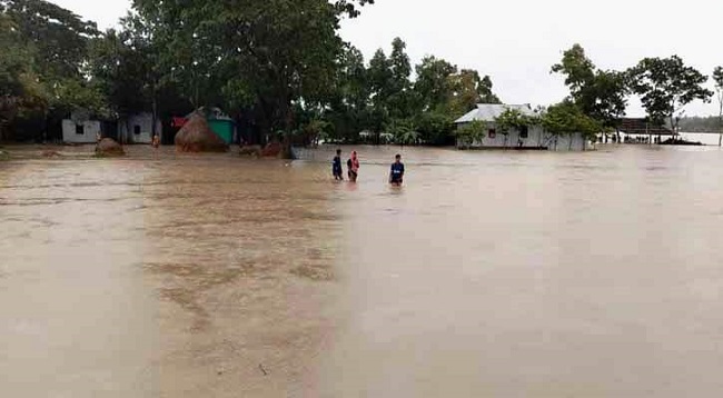 Heavy rains and landslides flooded low-lying areas of Akhaura