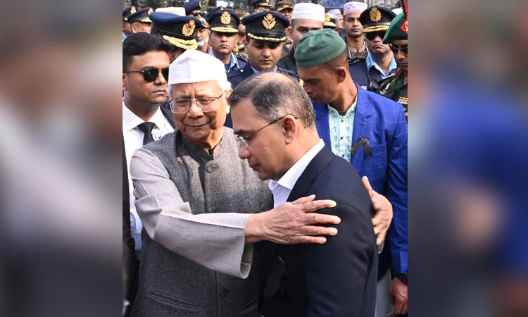 CA consoles Tarique Rahman on his arrival at janaza venue