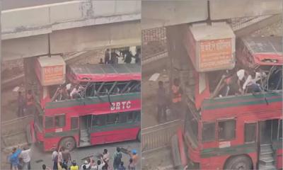 BRTC double-decker bus crashes into expressway ramp pillar in Farmgate