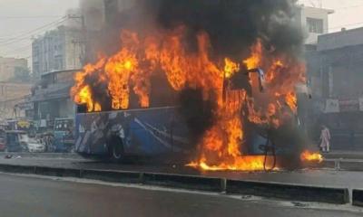 Bus catches fire after collision with motorcycle in Gazipur