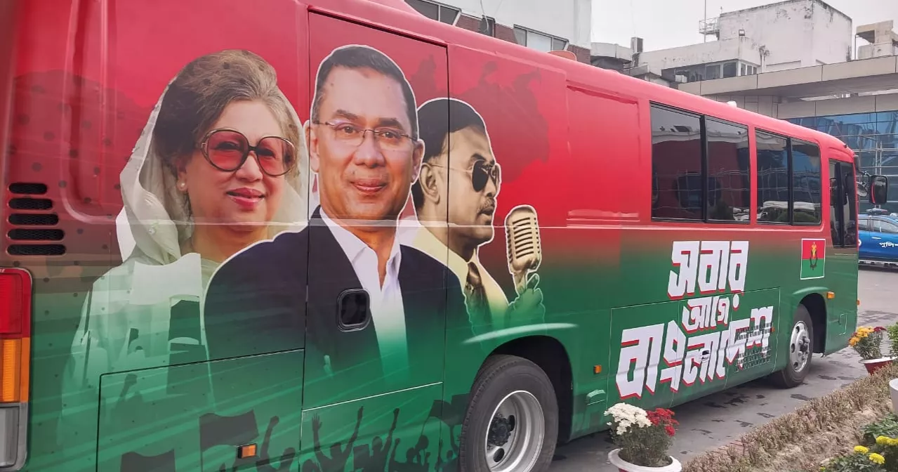Red bus with ‘Bangladesh first’ slogan ready at Dhaka airport for Tarique