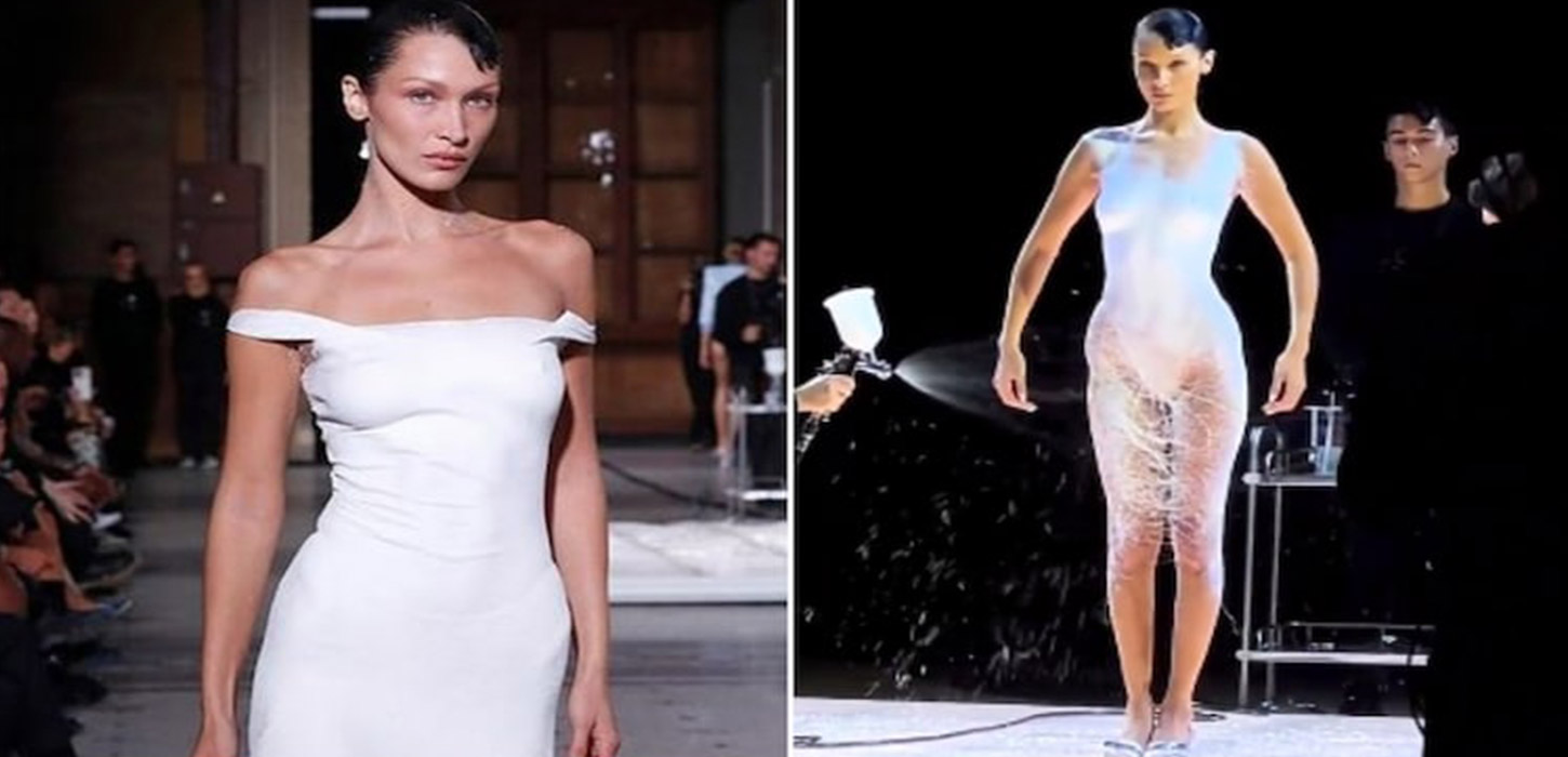 Bella Hadid gets white dress spray-painted during Paris Fashion Week
